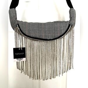 TOPSHOP Rhinestones Crystals Fringe Belt Bag Crossbody Black White Red Plaid NWT